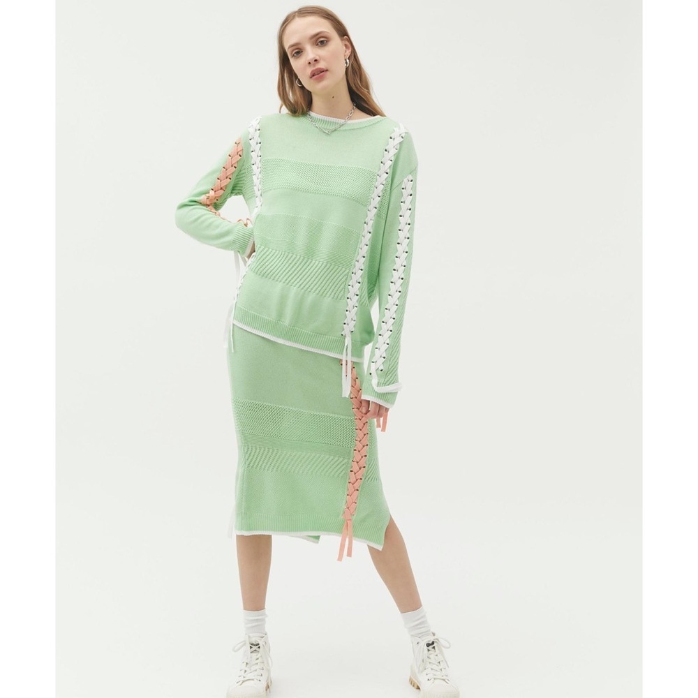 Eyeye Lace-Up Long Sleeve Sweater mint green cream and pink